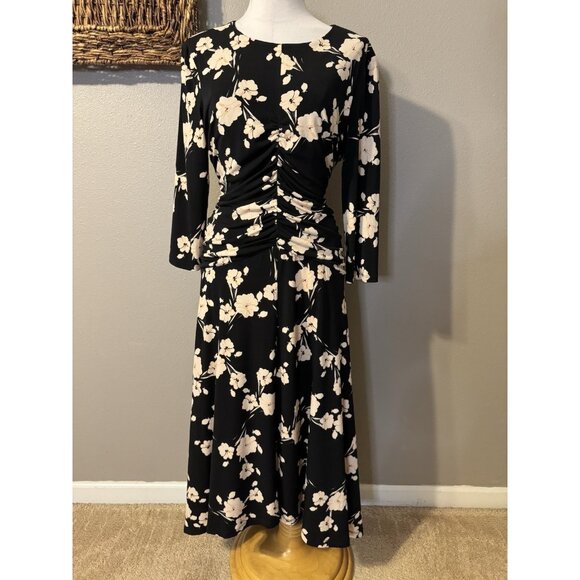 Maggy London Midi Dress 14 Black Pink Ivory Floral Ruched 3/4 Long Sleeve NEW - Picture 16 of 16